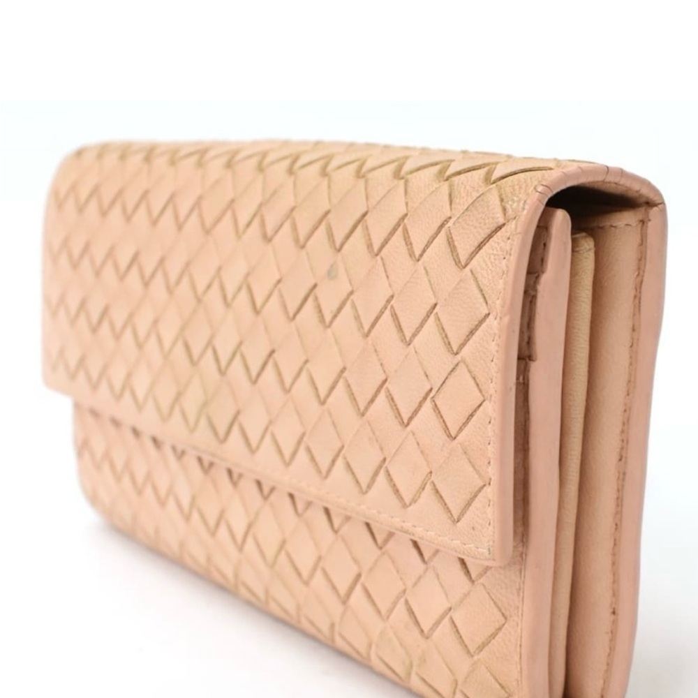 Bottega Veneta Intrecciato Leather Flap Bifold Long Wallet Pink Beige